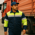 Pekerja Indonesia mengenakan seragam transportasi dan logistik high-visibility, berdiri di depan truk merah di area loading, menampilkan profesionalisme dan keamanan kerja.