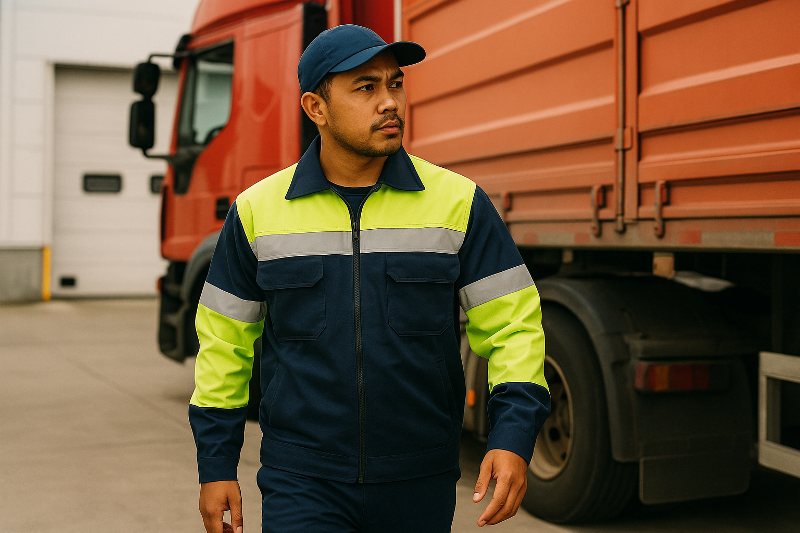 Pekerja Indonesia mengenakan seragam transportasi dan logistik high-visibility, berdiri di depan truk merah di area loading, menampilkan profesionalisme dan keamanan kerja.
