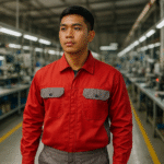 Pekerja Indonesia di Karawang mengenakan baju seragam custom merah abu-abu di lini produksi, menampilkan validasi kebutuhan ESD vs FR dengan desain modern.