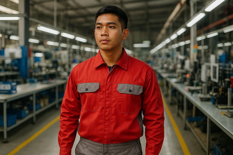 Pekerja Indonesia di Karawang mengenakan baju seragam custom merah abu-abu di lini produksi, menampilkan validasi kebutuhan ESD vs FR dengan desain modern.