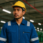 Pekerja Indonesia mengenakan pakaian pelindung standar industri dengan helm kuning dan coverall biru, merepresentasikan penerapan standar SNI ISO 13688 di lingkungan manufaktur modern.