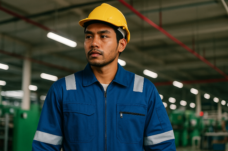 Pekerja Indonesia mengenakan pakaian pelindung standar industri dengan helm kuning dan coverall biru, merepresentasikan penerapan standar SNI ISO 13688 di lingkungan manufaktur modern.
