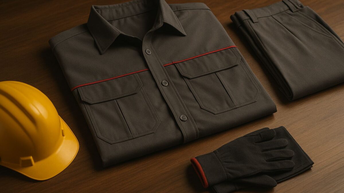 Seragam kerja perusahaan Karawang berwarna abu gelap dengan aksen merah tersusun rapi di meja kayu, menampilkan detail bahan dan desain berkualitas tinggi khas industri konveksi profesional.