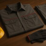 Seragam kerja perusahaan Karawang berwarna abu gelap dengan aksen merah tersusun rapi di meja kayu, menampilkan detail bahan dan desain berkualitas tinggi khas industri konveksi profesional.