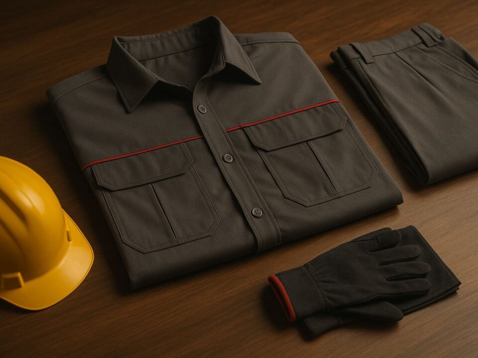 Seragam kerja perusahaan Karawang berwarna abu gelap dengan aksen merah tersusun rapi di meja kayu, menampilkan detail bahan dan desain berkualitas tinggi khas industri konveksi profesional.