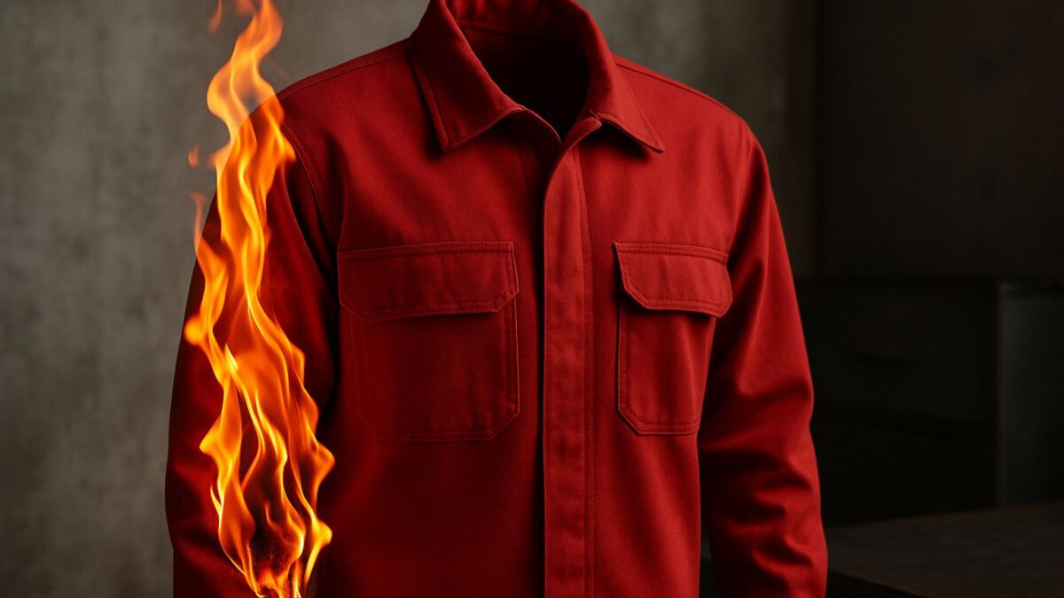 Seragam kerja tahan api berwarna merah sedang diuji ketahanannya terhadap api, menampilkan tekstur kain pelindung panas dengan latar industri yang dramatis.