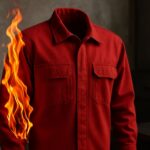 Seragam kerja tahan api berwarna merah sedang diuji ketahanannya terhadap api, menampilkan tekstur kain pelindung panas dengan latar industri yang dramatis.