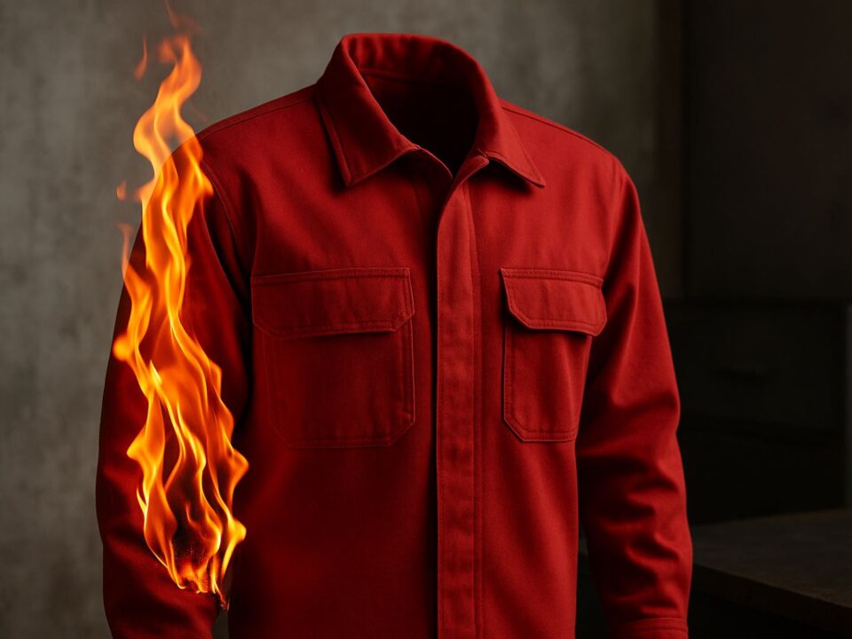 Seragam kerja tahan api berwarna merah sedang diuji ketahanannya terhadap api, menampilkan tekstur kain pelindung panas dengan latar industri yang dramatis.