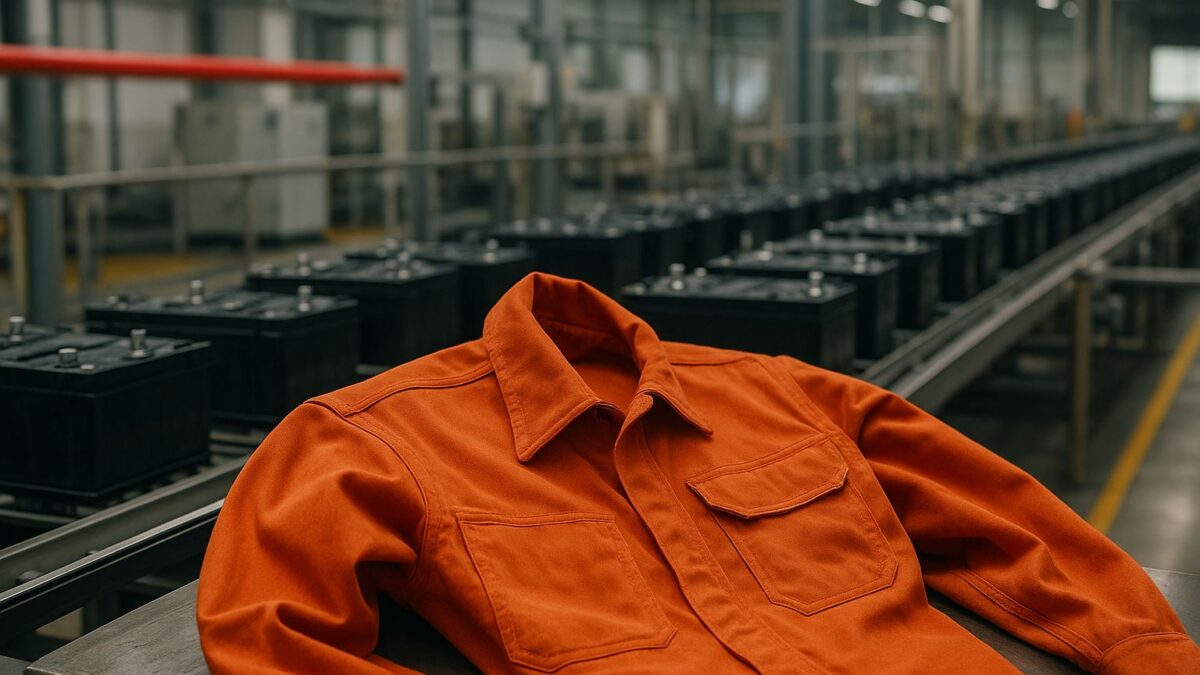 Seragam kerja tahan terhadap api berwarna oranye terlipat di area produksi pabrik baterai, menyoroti pentingnya bahan tahan api untuk keselamatan industri.