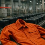 Seragam kerja tahan terhadap api berwarna oranye terlipat di area produksi pabrik baterai, menyoroti pentingnya bahan tahan api untuk keselamatan industri.