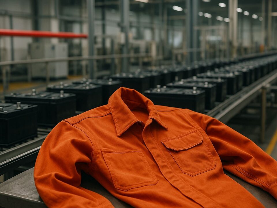 Seragam kerja tahan terhadap api berwarna oranye terlipat di area produksi pabrik baterai, menyoroti pentingnya bahan tahan api untuk keselamatan industri.