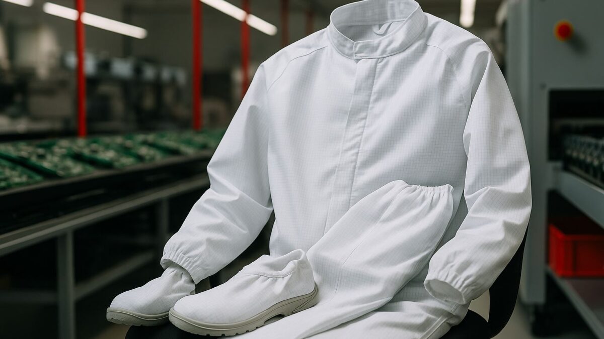 Pakaian kerja ESD cleanroom tanpa awak manusia di ruang produksi elektronik, menonjolkan desain bahan anti-statis dan lingkungan kerja steril dengan pencahayaan lembut dan aksen merah.
