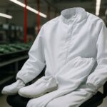 Pakaian kerja ESD cleanroom tanpa awak manusia di ruang produksi elektronik, menonjolkan desain bahan anti-statis dan lingkungan kerja steril dengan pencahayaan lembut dan aksen merah.