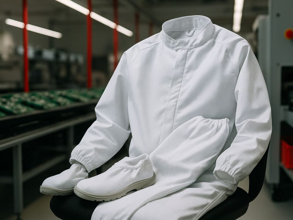 Pakaian kerja ESD cleanroom tanpa awak manusia di ruang produksi elektronik, menonjolkan desain bahan anti-statis dan lingkungan kerja steril dengan pencahayaan lembut dan aksen merah.