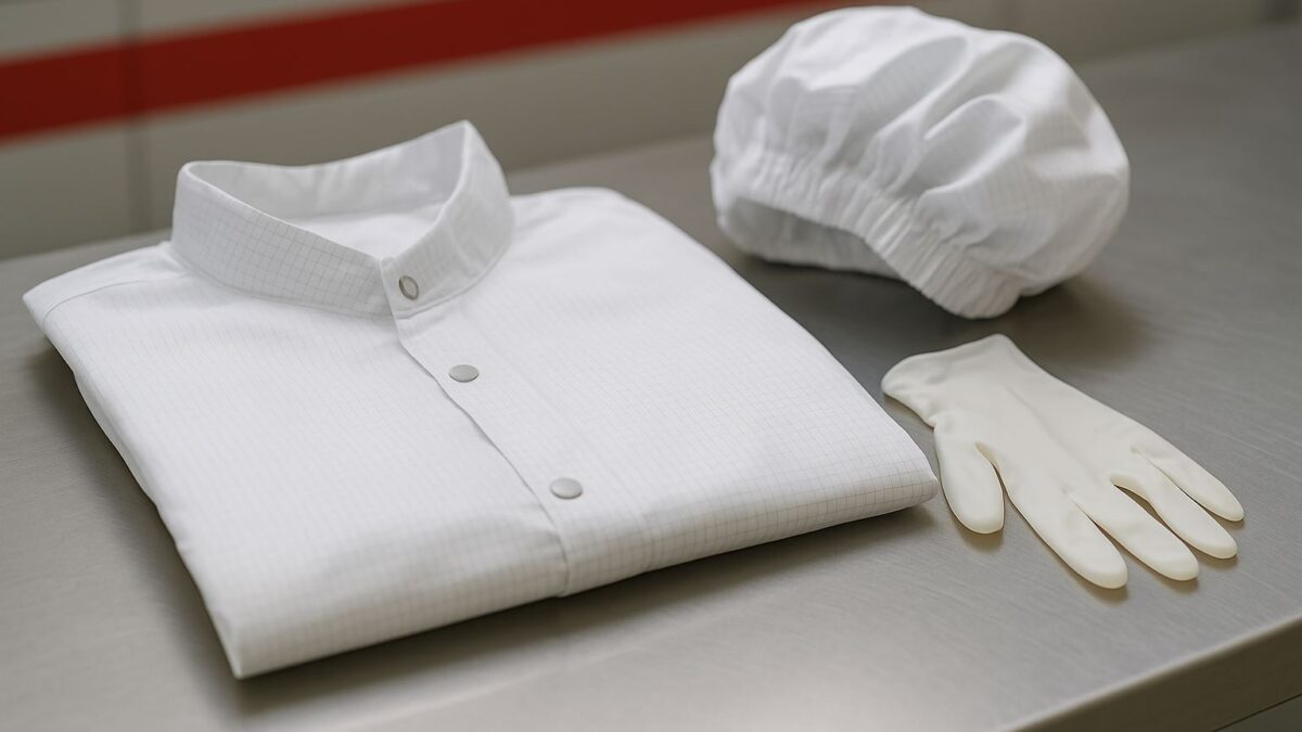 Set perlengkapan seragam kerja ruang bersih terdiri dari jas ESD, topi pelindung, dan sarung tangan lateks yang tertata rapi di atas meja stainless, menampilkan konsep higienis dan profesional dalam lingkungan cleanroom.