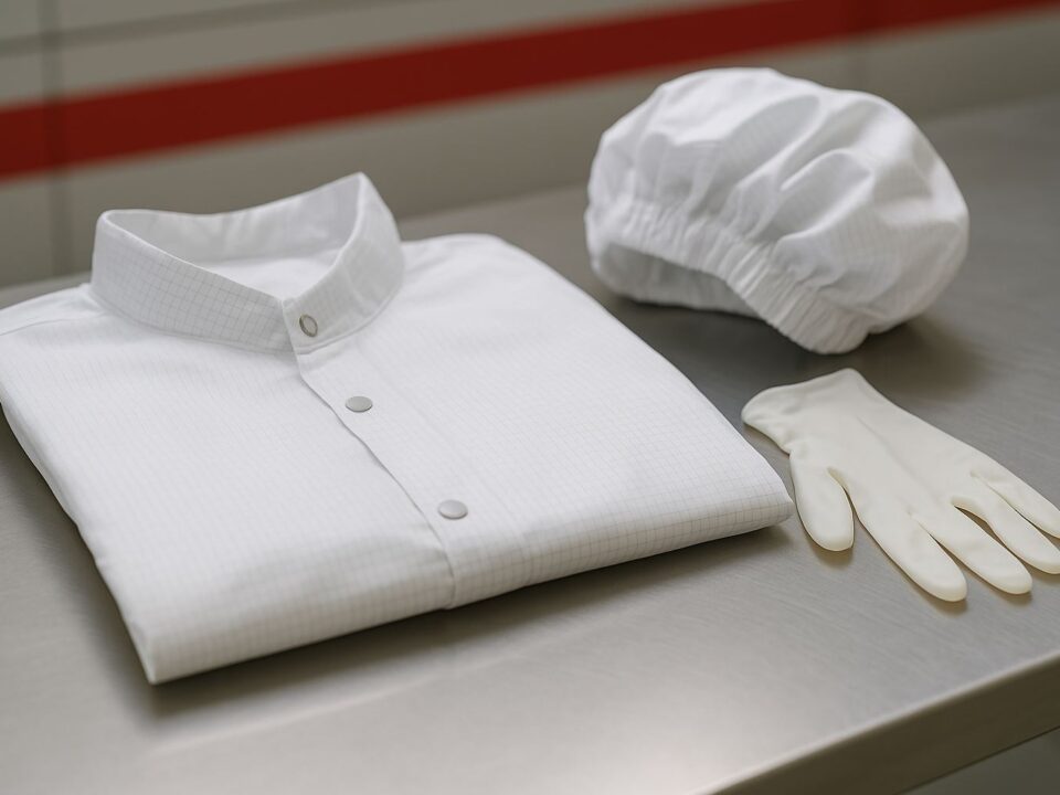Set perlengkapan seragam kerja ruang bersih terdiri dari jas ESD, topi pelindung, dan sarung tangan lateks yang tertata rapi di atas meja stainless, menampilkan konsep higienis dan profesional dalam lingkungan cleanroom.