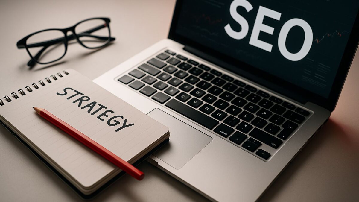 Tampilan ruang kerja profesional dengan laptop dan aksen merah menggambarkan strategi SEO generatif yang relevan dengan ekspansi AI Overviews di lebih dari 200 negara.