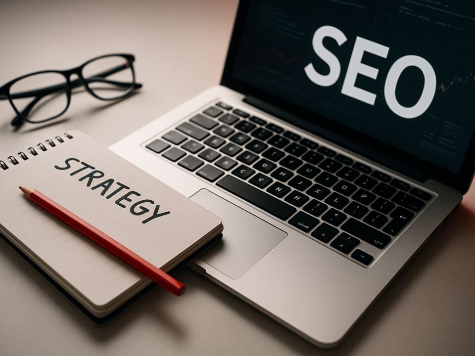 Tampilan ruang kerja profesional dengan laptop dan aksen merah menggambarkan strategi SEO generatif yang relevan dengan ekspansi AI Overviews di lebih dari 200 negara.