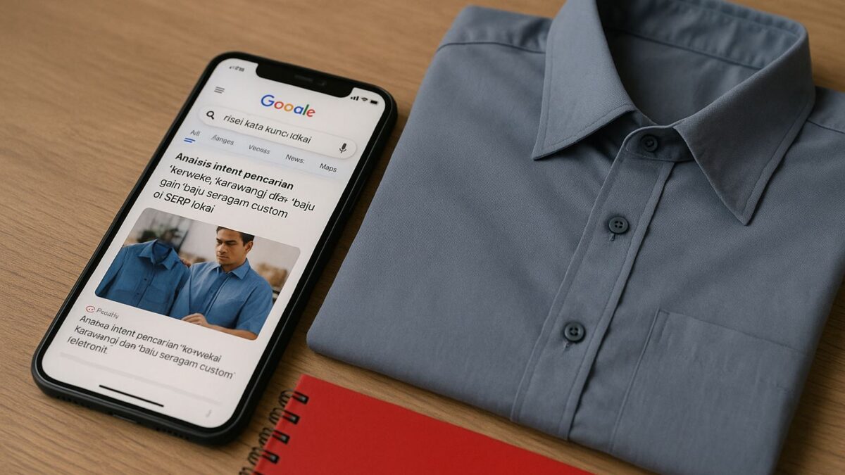 Tampilan riset kata kunci lokal melalui smartphone di atas meja kayu dengan kemeja custom dan buku catatan merah, menggambarkan analisis tren pencarian konveksi Karawang dan baju seragam custom.