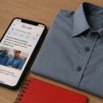 Tampilan riset kata kunci lokal melalui smartphone di atas meja kayu dengan kemeja custom dan buku catatan merah, menggambarkan analisis tren pencarian konveksi Karawang dan baju seragam custom.