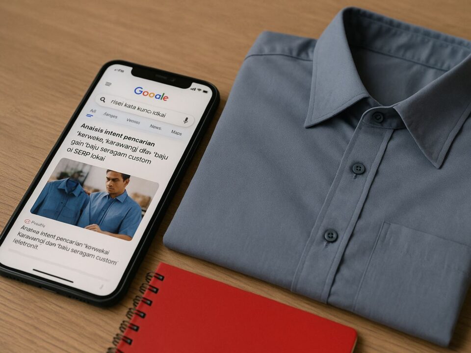 Tampilan riset kata kunci lokal melalui smartphone di atas meja kayu dengan kemeja custom dan buku catatan merah, menggambarkan analisis tren pencarian konveksi Karawang dan baju seragam custom.