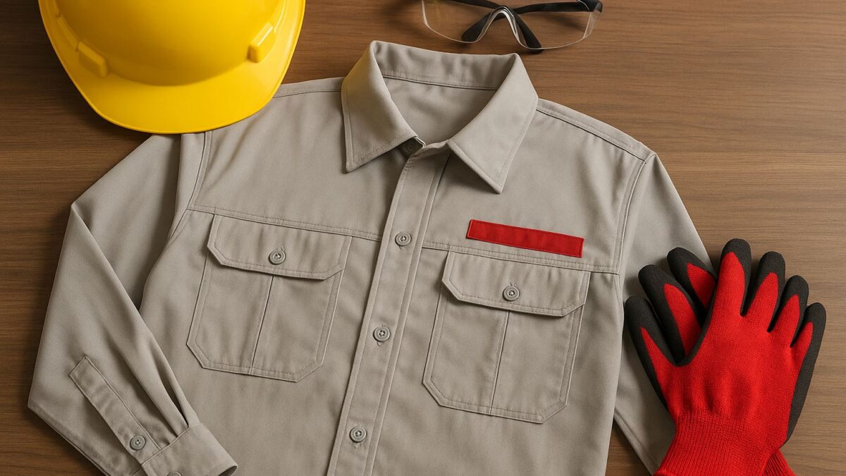 Perlengkapan kerja yang mematuhi kebijakan K3 pakaian kerja, menampilkan seragam abu-abu dengan aksen merah, helm kuning, kacamata pelindung, dan sarung tangan keselamatan di atas meja kayu.
