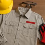 Perlengkapan kerja yang mematuhi kebijakan K3 pakaian kerja, menampilkan seragam abu-abu dengan aksen merah, helm kuning, kacamata pelindung, dan sarung tangan keselamatan di atas meja kayu.
