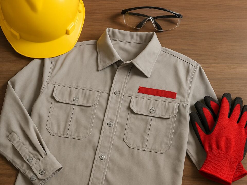 Perlengkapan kerja yang mematuhi kebijakan K3 pakaian kerja, menampilkan seragam abu-abu dengan aksen merah, helm kuning, kacamata pelindung, dan sarung tangan keselamatan di atas meja kayu.