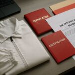 Set perlengkapan sertifikasi SNI pakaian pelindung yang terdiri dari pakaian kerja, dokumen laporan, dan buku sertifikasi berwarna merah, menggambarkan proses dan standar penilaian kualitas produk.