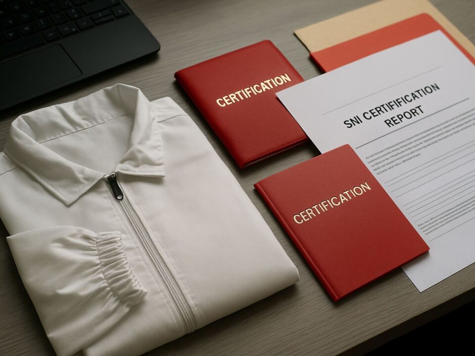 Set perlengkapan sertifikasi SNI pakaian pelindung yang terdiri dari pakaian kerja, dokumen laporan, dan buku sertifikasi berwarna merah, menggambarkan proses dan standar penilaian kualitas produk.