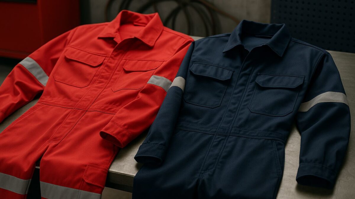 Dua wearpack industri berwarna merah dan biru tua tergeletak di meja kerja logam, menampilkan perbandingan spesifikasi wearpack industri dengan reflektor visibilitas tinggi.