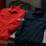 Dua wearpack industri berwarna merah dan biru tua tergeletak di meja kerja logam, menampilkan perbandingan spesifikasi wearpack industri dengan reflektor visibilitas tinggi.