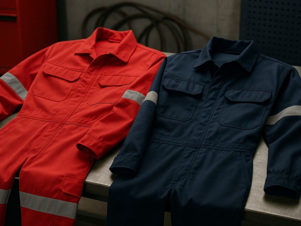 Dua wearpack industri berwarna merah dan biru tua tergeletak di meja kerja logam, menampilkan perbandingan spesifikasi wearpack industri dengan reflektor visibilitas tinggi.