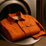 Seragam tahan api berbahan FR cotton berwarna oranye diletakkan di mesin cuci industri, menggambarkan konsep perawatan seragam tahan api dalam proses laundry profesional.