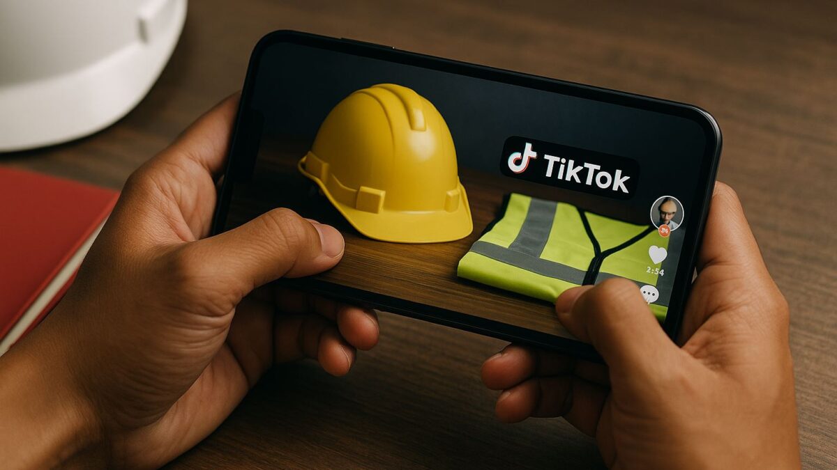 Tampilan layar smartphone yang menampilkan konten edukasi K3 di TikTok, menggambarkan tren baru distribusi informasi keselamatan kerja melalui media sosial.