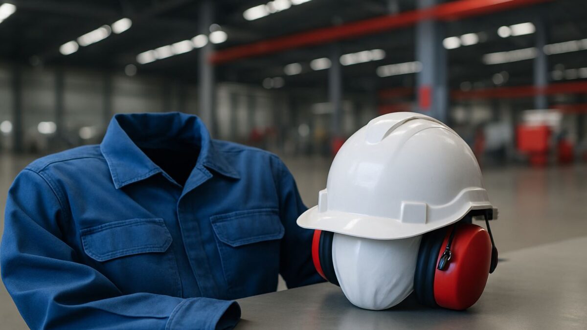 Perlengkapan seragam industri Karawang termasuk coverall biru, helm putih, dan pelindung telinga merah di area pabrik modern yang luas, menampilkan kebutuhan seragam industri Karawang yang terus berkembang.