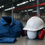 Perlengkapan seragam industri Karawang termasuk coverall biru, helm putih, dan pelindung telinga merah di area pabrik modern yang luas, menampilkan kebutuhan seragam industri Karawang yang terus berkembang.