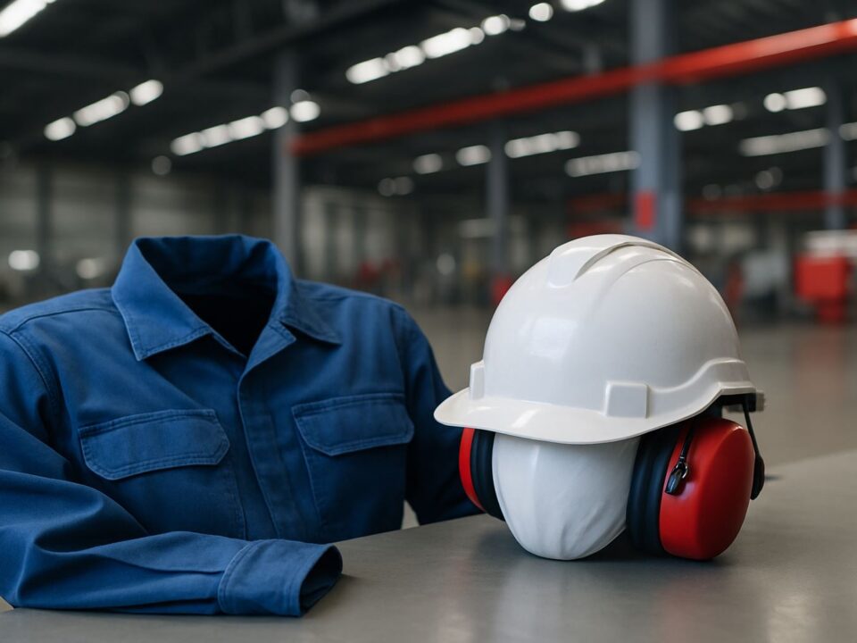Perlengkapan seragam industri Karawang termasuk coverall biru, helm putih, dan pelindung telinga merah di area pabrik modern yang luas, menampilkan kebutuhan seragam industri Karawang yang terus berkembang.