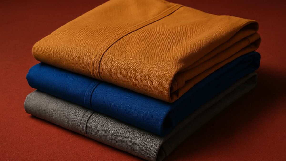 Tumpukan tiga kain seragam tahan panas berwarna mustard, biru tua, dan abu-abu di atas permukaan merah, menampilkan tekstur halus dan kualitas material seragam FR yang elegan.