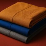 Tumpukan tiga kain seragam tahan panas berwarna mustard, biru tua, dan abu-abu di atas permukaan merah, menampilkan tekstur halus dan kualitas material seragam FR yang elegan.