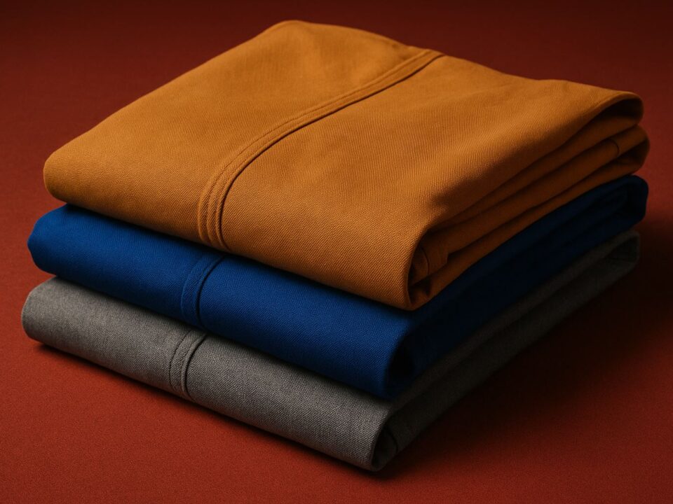Tumpukan tiga kain seragam tahan panas berwarna mustard, biru tua, dan abu-abu di atas permukaan merah, menampilkan tekstur halus dan kualitas material seragam FR yang elegan.