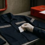 Inspeksi seragam FR pabrik dilakukan di atas meja logam dengan pencahayaan lembut, memperlihatkan detail bahan tahan api dan label perawatan, menggambarkan proses pengujian dan pemeliharaan standar industri.