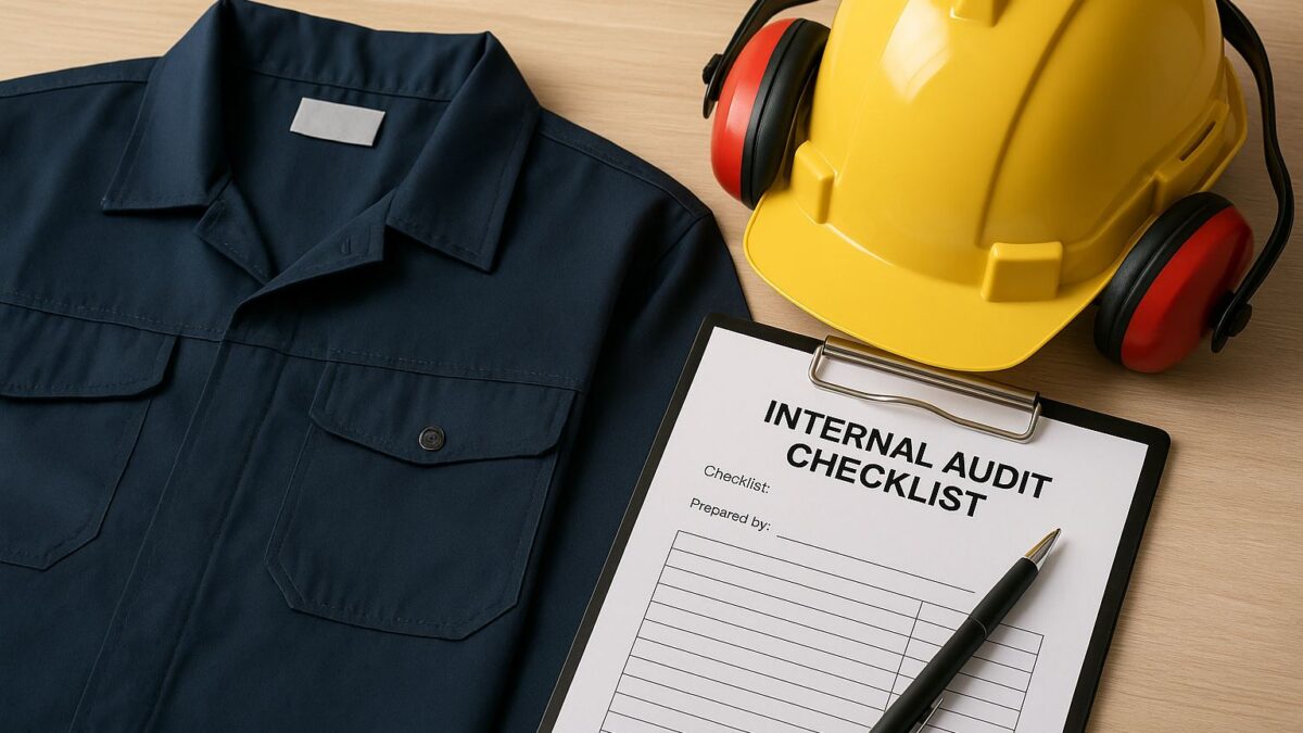 Perlengkapan audit internal pakaian kerja di pabrik yang terdiri dari helm keselamatan, jaket kerja, dan daftar pemeriksaan di meja, menggambarkan penerapan audit internal pakaian kerja yang profesional dan sistematis.