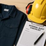 Perlengkapan audit internal pakaian kerja di pabrik yang terdiri dari helm keselamatan, jaket kerja, dan daftar pemeriksaan di meja, menggambarkan penerapan audit internal pakaian kerja yang profesional dan sistematis.