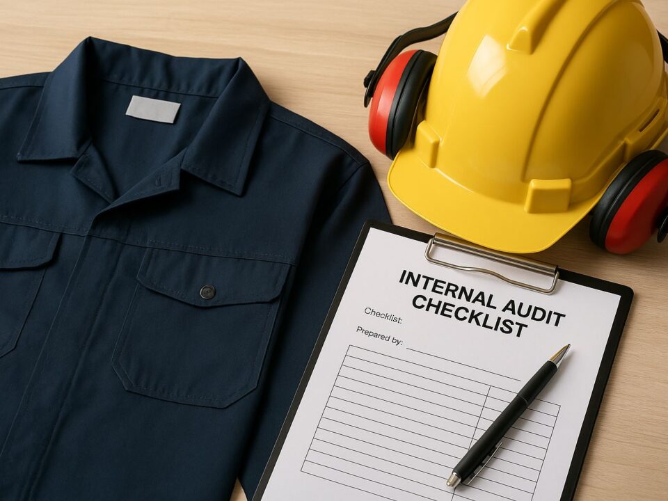 Perlengkapan audit internal pakaian kerja di pabrik yang terdiri dari helm keselamatan, jaket kerja, dan daftar pemeriksaan di meja, menggambarkan penerapan audit internal pakaian kerja yang profesional dan sistematis.