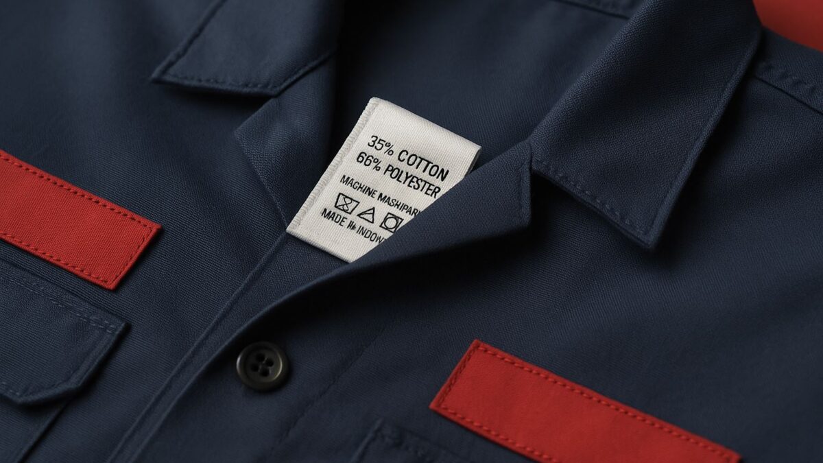 Label informasi seragam industri pada pakaian kerja berwarna navy dengan aksen merah, menonjolkan detail penting dalam standar audit dan keamanan produksi.