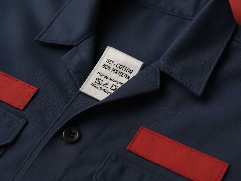 Label informasi seragam industri pada pakaian kerja berwarna navy dengan aksen merah, menonjolkan detail penting dalam standar audit dan keamanan produksi.
