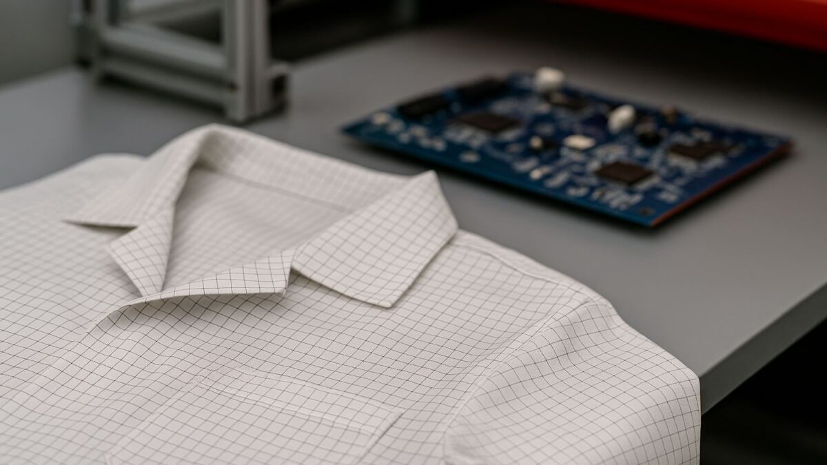 Tekstil ESD industri elektronik dengan pola grid konduktif terlihat detail dalam pencahayaan lembut di atas meja produksi, menonjolkan kualitas dan desain bahan pelindung elektrostatik.