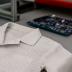 Tekstil ESD industri elektronik dengan pola grid konduktif terlihat detail dalam pencahayaan lembut di atas meja produksi, menonjolkan kualitas dan desain bahan pelindung elektrostatik.