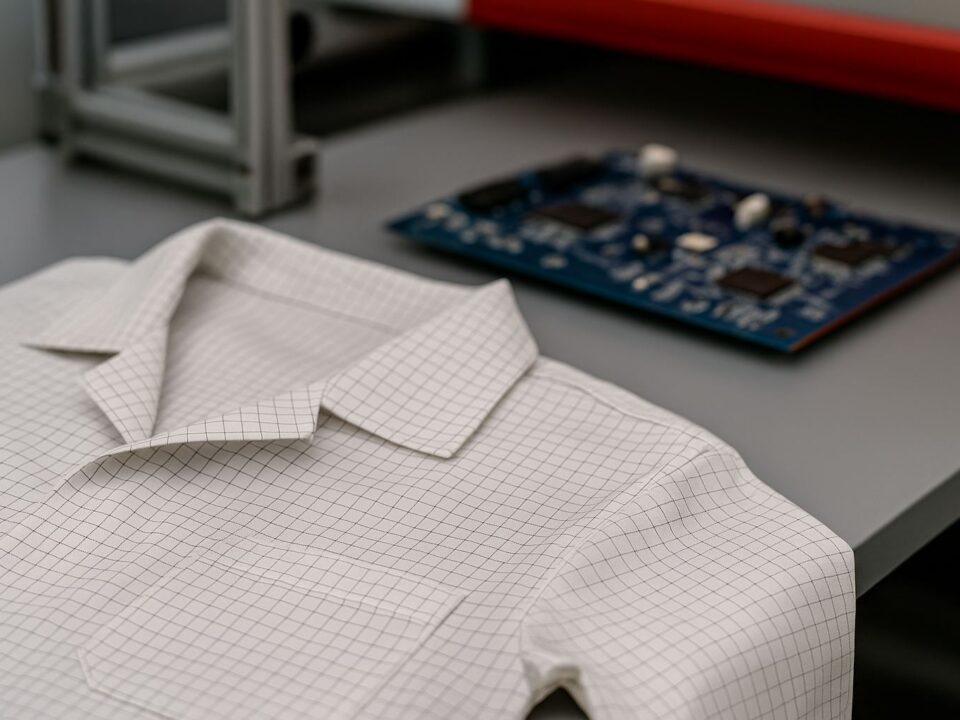 Tekstil ESD industri elektronik dengan pola grid konduktif terlihat detail dalam pencahayaan lembut di atas meja produksi, menonjolkan kualitas dan desain bahan pelindung elektrostatik.
